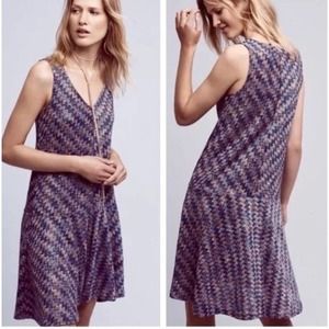 Anthropologie Maeve Westwater Chevron Knit Drop Waist Dress Blue Gold Size XS